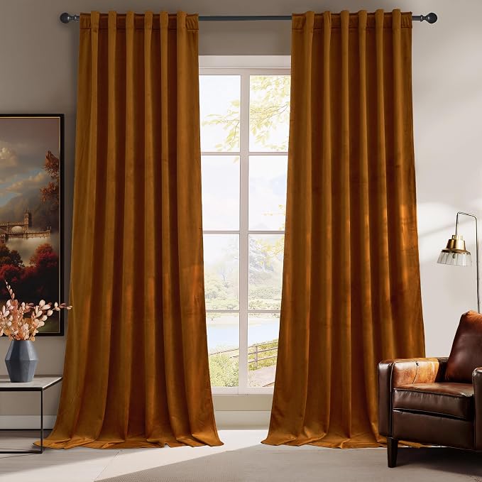 RYB HOME Burnt Orange Fall Velvet Curtains for Living Room 90 inches Long | Thermal Insulated, Privacy UV Block, Noise Reducing, Energy Saving, Luxury Vintage Retro Window Decor, W52 x L90, 2 Panels