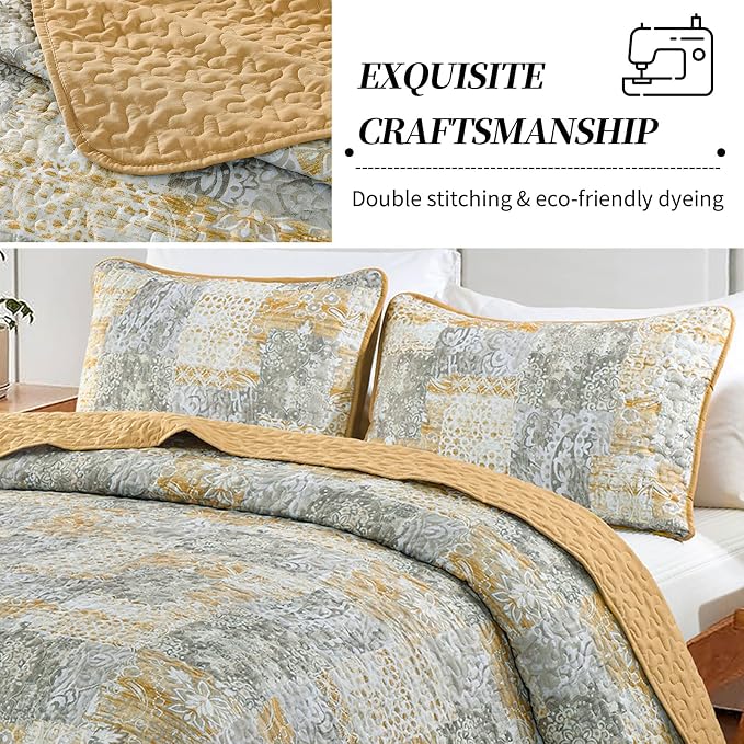 Mybedsoul Boho Quilt King Size, Patchwork Reversible Bedding Set, Yellow | Soft Lightweight Microfiber Floral Coverlet Set, 3 Pieces Plaid Bedspread, Bed Sets for All Seasons 90"x110"