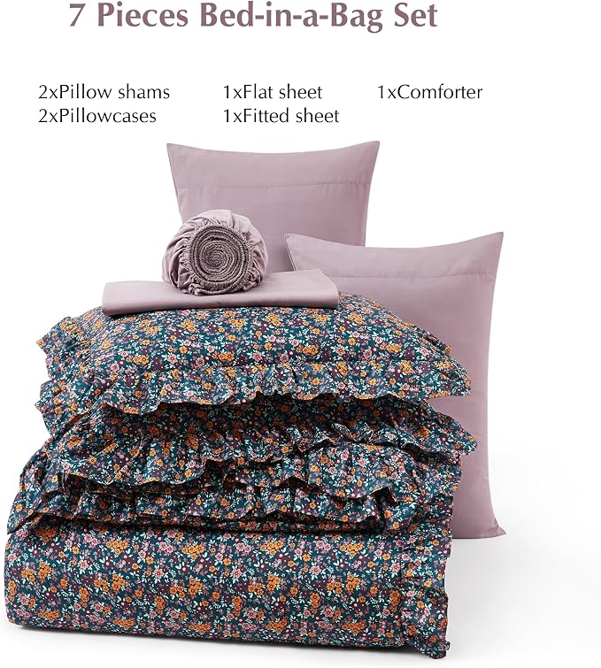 Queen Comforter Set-7 Pieces Floral Ruffle Bedding Set | Purple Ditzy Bed in a Bag, Soft Lightweight All Season Farmhouse Queen Bedding Sets with Sheets, Pillowcases & Shams