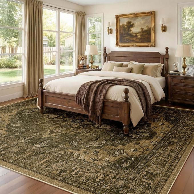 RELEANY Washable Area Rug, 7'x9', Brown/Dark Brown | Non-Slip, Water Repellent, Pet Friendly, Easy to Clean, Vintage Floral Boho Decor for Living Room Bedroom Dining Room Office