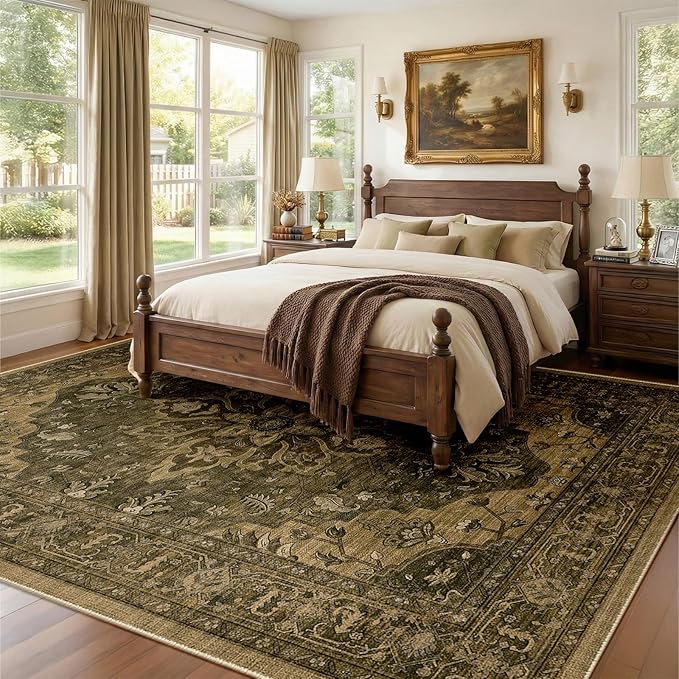 RELEANY Washable Area Rug, 7'x10', Brown/Dark Brown | Non-Slip, Water Repellent, Pet Friendly, Easy to Clean, Vintage Floral Boho Decor for Living Room Bedroom Dining Room Office