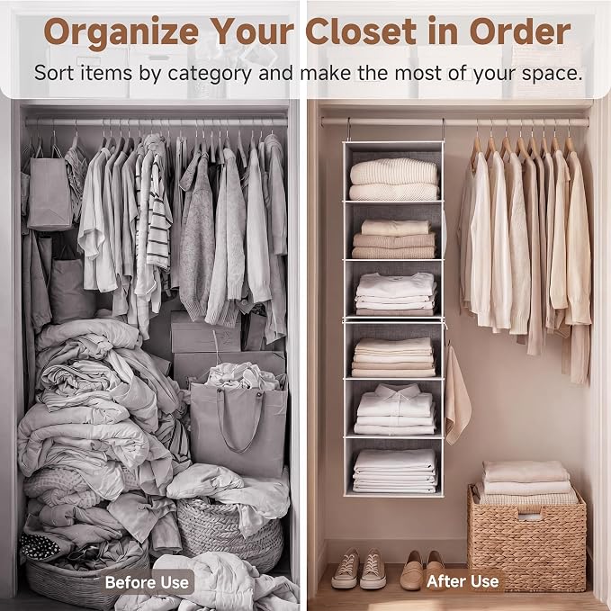 StorageWorks Hanging Closet Organizer, 6-Shelf with 2-in-1 Design, Ivory | Maximize Closet Space with Reinforced Shelves, Small Closet Storage Solution for Bedrooms, Dorms and RVs
