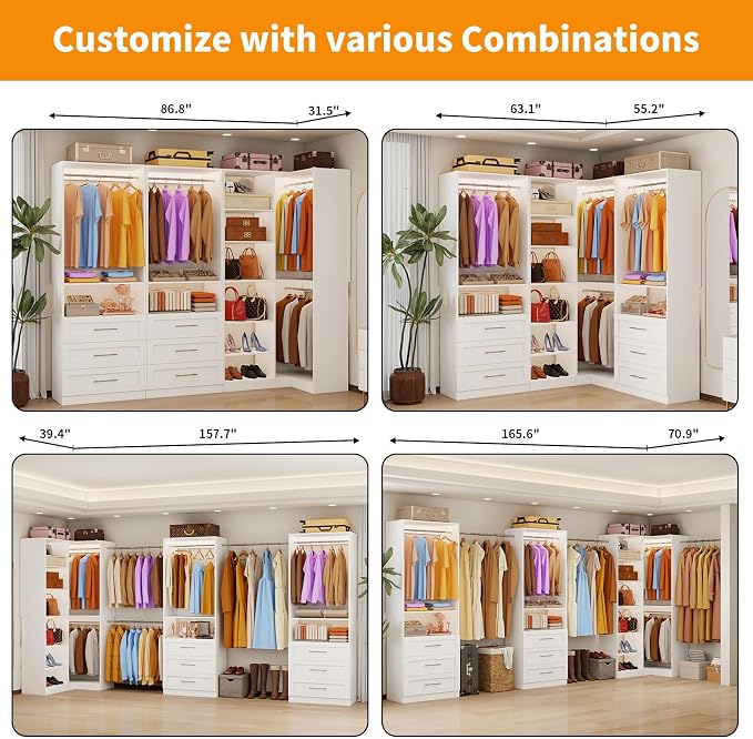 Closet System with 6 Drawers, Corner Closet Organizer Systems with 8 Shelves & 7 Hanging Rods L-Shaped Walk in Closet Freestanding Corner Tower Modular Storage System 3 Sets 2100+ Lbs Capacity White