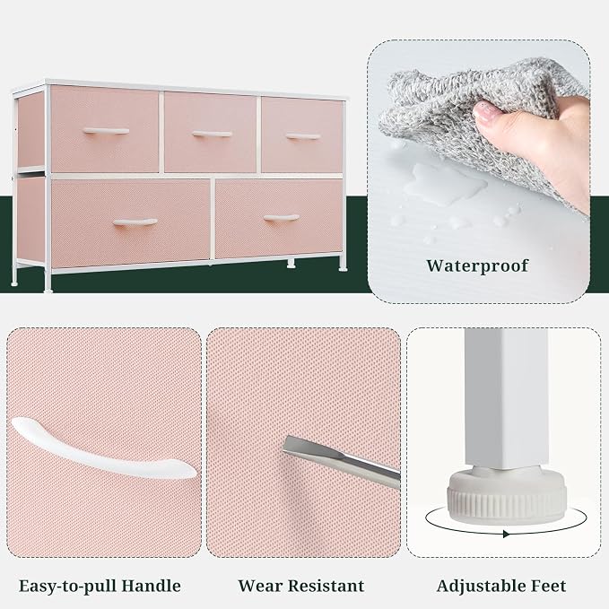 5-Drawer Dresser for Bedroom, Anti-Tip Wide Storage Organizer Fabric | Chest of Drawers TV Stand for 45" TV with Wooden Top and Metal Frame for Closet, Living Room, Hallway, Entryway, Pink