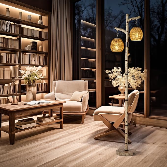 Scenekoy 68.5" Rustic Floor lamp with Remote Control, Bird Nest Lantern | Stepless Dimmable, 3 Color Temperature, Birch Tree Finish, Farmhouse Vintage Standing Lamp Decor for Living Room Bedroom