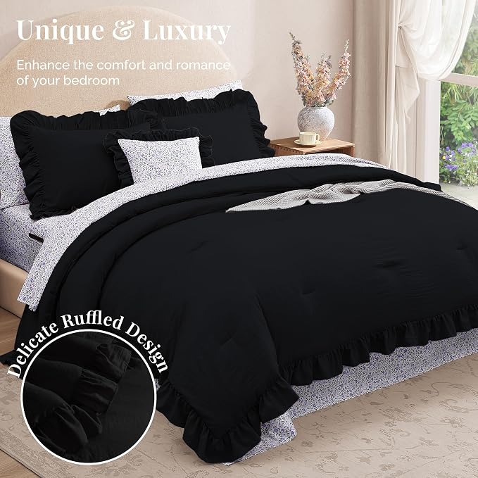 Full Size Comforter Sets-7 Pieces Ruffle Bedding Floral Sheet | Black Bed in a Bag, Soft Lightweight All Season Farmhouse Full Size Bedding Sets with Floral Sheets, Pillowcases & Shams