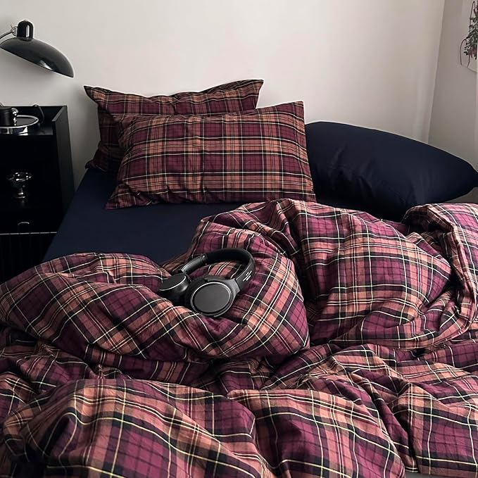 mixinni Vintage Burgundy Buffalo Plaid Comforter Cover Set Queen Size - 3 Piece Mid-Century Modern Washed Cotton Bedding, Soft Breathable Grid Duvet Cover with Matching Pillowcases for All-Season