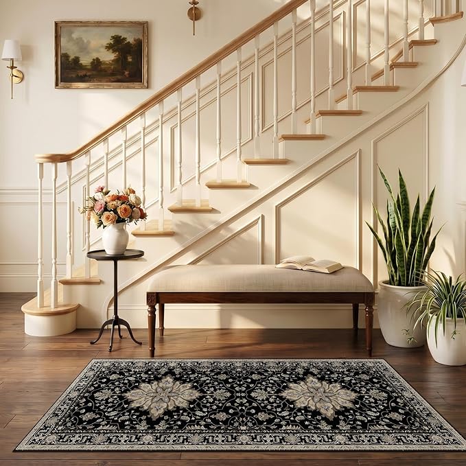 RELEANY Washable Area Rug, Runner 2'6"x5', Black/Neutral | Non-Slip, Water Repellent, Pet Friendly, Easy to Clean, Vintage Floral Boho Decor for Kitchen Entry Bedroom Bedside Laundry