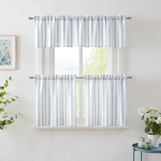 ZJDECOR Blue White Striped Semi Sheer Kitchen Curtain Valances,55" Wx15 Lx1 | Stripe Pattern Valance Cafe Curtains,Light Filtering,Rod Pocket,Modern,78% Polyester、22%Cotton,Small Window Treatment