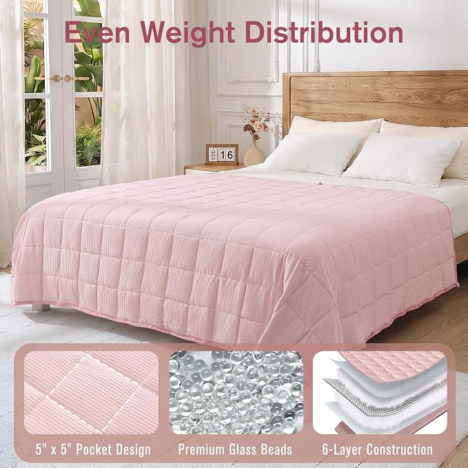 Cooling Weighted Blanket for Adults, 20lbs 60 x 80 for Summer | Cozy and Breathable Waffle; Soft; Machine Washable; Filled with Glass Beads; Heavy Throw for Hot Sleepers in Bed; Pink