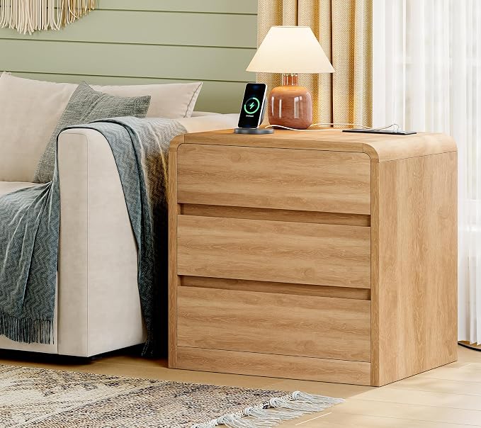 TEENFON Night Stand, NightStand with 3 Storage Drawer and Charging Station, Bedside Table, Modern End Tables Wide Night Stands for Bedroom Sofa Couch Home Office, Natural