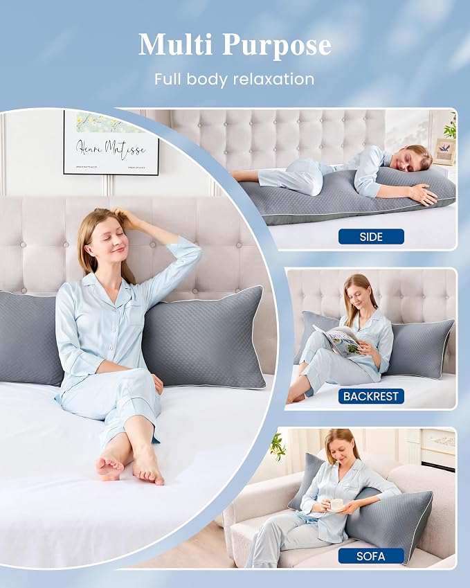 YZ HOME Cooling Body Pillow for Adults- Pillow Insert with Shredded Blue Memory Foam, Soft Support for Side Sleepper, Pregnant Women, Back Pain Relief, Washable Pillowcase (20x54 Inch, Grey) | Long Pillow for Bed with Memory Foam Insert，Adjustable, Sof...