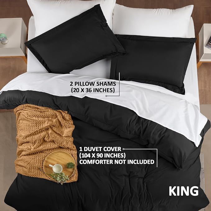 Duvet Cover King, 3 Piece Cotton Like Polyester With Zipper Closure, Black | Extra Soft and Breathable, Wrinkle & Fade Resistant, Includes Duvet Cover and 2 Pillow Shams, Comforter Not Included, OekoTex