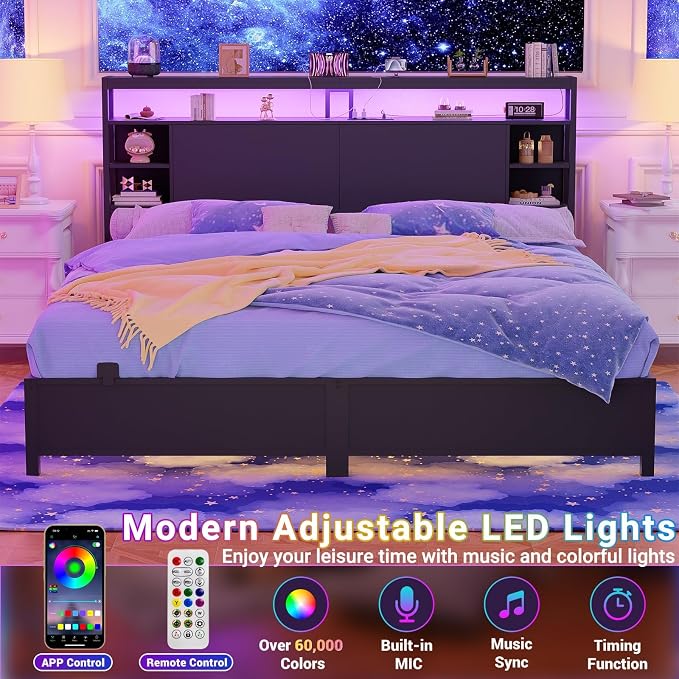 Unikito King Size Headboard with Storage, Headboard with Power Outlet and RGB LED Lights, Sturdy Head Board for King Size Bed, Stable Headboards Only for Bedroom, Dorm Room, Guest Room, Black