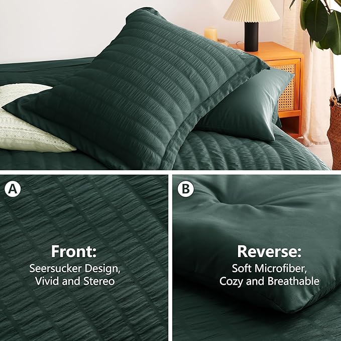 Full Comforter Sets, 7 Pieces Forest Green Seersucker Bed in a Bag | OEKO-TEX Certified, All Season Bedding Set with 240 GSM Down Alternative Comforter, Flat & Fitted Sheets, Pillowcases & Shams