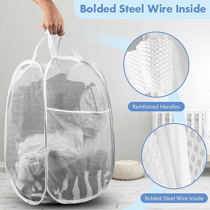 Pop Up Laundry Hamper, 70 L Collapsible Mesh Basket with Side Pocket, White | Reinforced handles, breathable fabric, foldable, portable for dorm college travel camping cruise, dirty clothes, toys storage