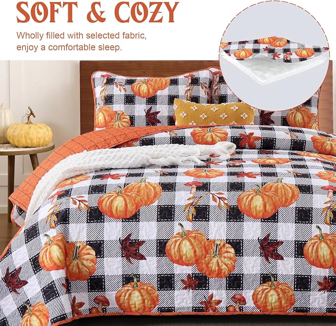 Fall Patchwork Quilt Set Queen Size, Pumpkin Maple Leaves Plaid Bedding Set | Thanksgiving Themed Bedspread with Black White Checkered Pattern, Soft Coverlet with 2 Pillowcases Autumn Home Decor Gift