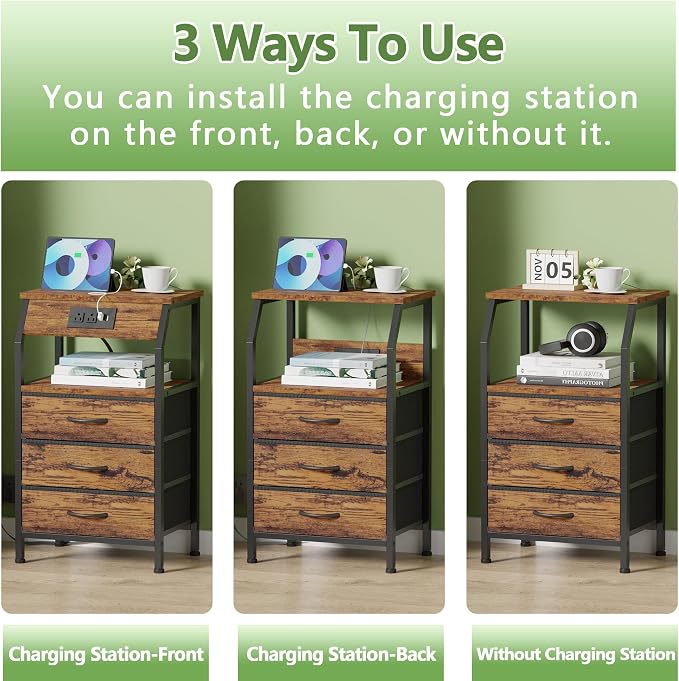 Furnulem Night Stand with Charging Station, 3 Fabric Drawers Bedside Table | Rustic Brown Dorm Nightstand For Bedroom, 28.3 Inch Tall, Usb Ports & Outlets, Side Table with Storage Shelf, 3 Ways to Use