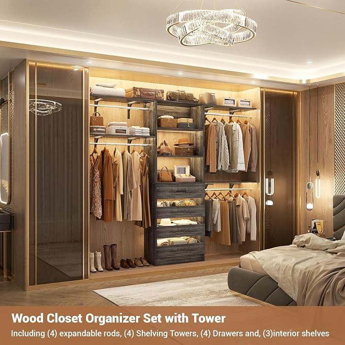 Aheaplus Closet System with 4 Drawers, 8FT Wood Closet Organizer System | 96" Closets Built In System Tower with Shelves & 4 Rods, Walk-in Closets Wardrobe Clothes Rack, Fits Spaces 4-9 ft, Black Oak