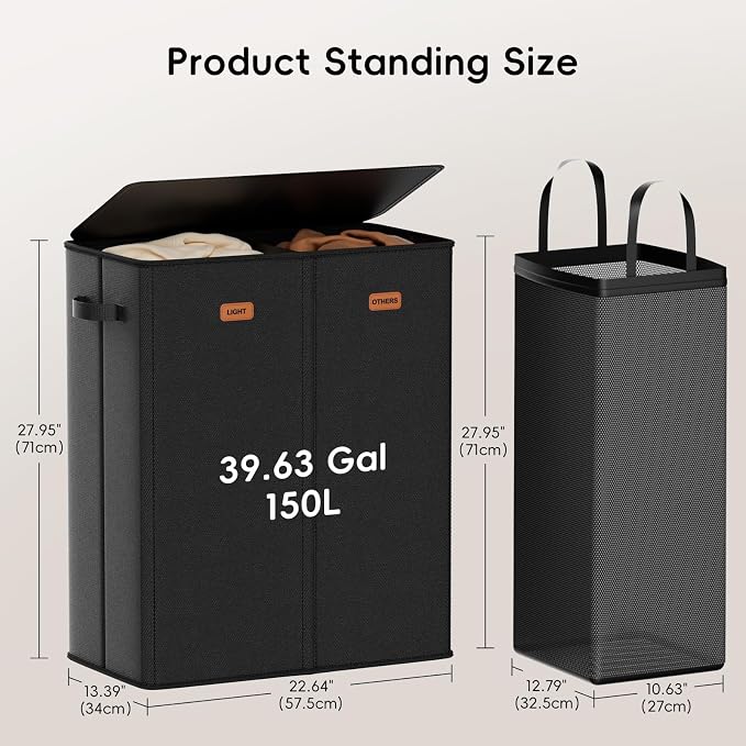 150L Double Laundry Hamper With Lid, Large Clothes Hampers with Removable Bag, Laundry Hamper 2 Section for Bathroom, Bedroom, Laundry Room, Dorm, Black