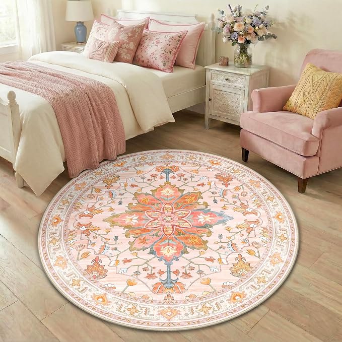 RELEANY Washable Area Rug, Round 4ft, Pink/Light Pink/Colorful | Non-Slip, Water Repellent, Pet Friendly, Easy to Clean, Vintage Floral Boho Decor for Living Room Bedroom Dining Room Entry