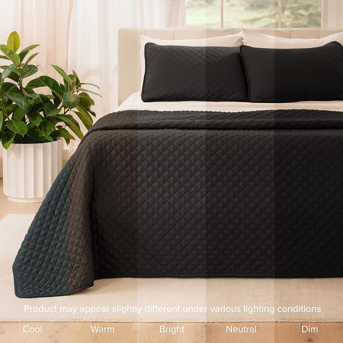 Bare Home Coverlet Set - Twin/Twin Extra Long - Lightweight Bed Decor - Comforter Alternative - All-Season Quilted Bedspread (Twin/Twin XL, Black)