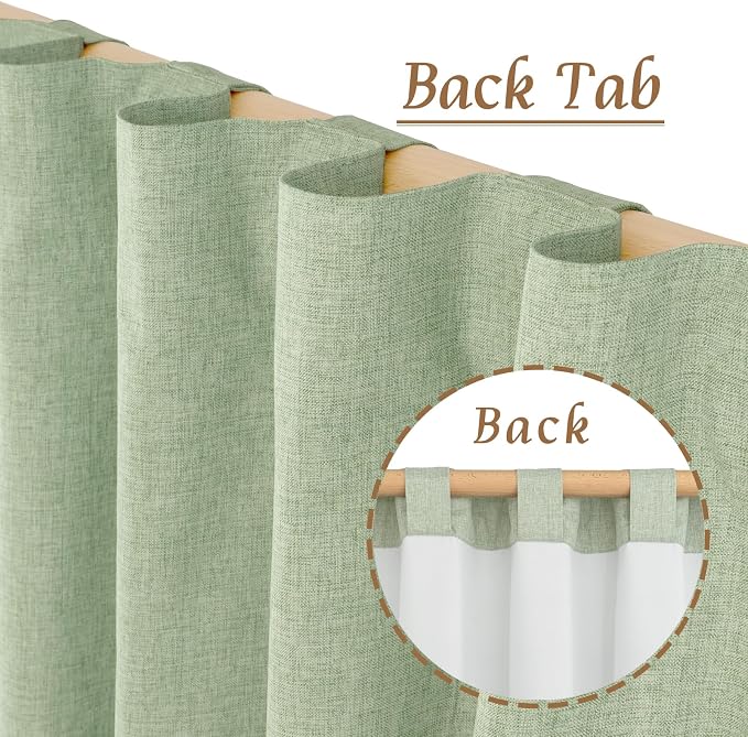 100% Blackout Natural Linen Curtains 72 Inches 2 Panels, Light Green | Room Darkening, Bedroom, Curtains for Living Room, Neutral Privacy Panels, Rod Pocket Back Tab, White Liner, 52 x 72 Inch
