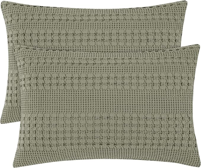 PHF 100% Cotton Waffle Pillow Shams King Size, 2 Pack 20" x 36" Soft Skin-Friendly Pillowcases, No Filling, Aesthetic Woven and Breathable Waffle Weave Pillow Case Covers for Bed, Dusty Sage