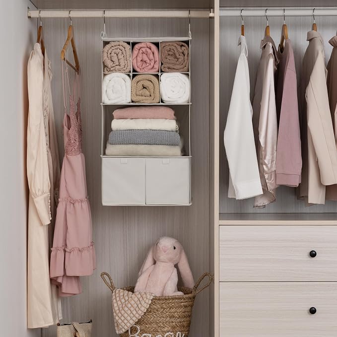 GRANNY SAYS 4-Shelf Hanging Closet Organizer with Drawer, Foldable Storage | Dividers Closet Hanging Organizer, No-Sag Support, Keeps Clothes Neat, Folds Flat, Fits RV, Dorm & Small Closets, Beige