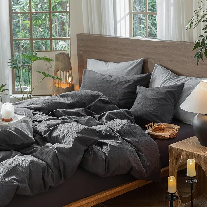 MooMee Wavy Striped Duvet Cover Set 100% Washed Cotton Linen Like Textured Breathable Durable Soft Comfy (Charocal Grey, Palatial King/Oversized King 120"x98")