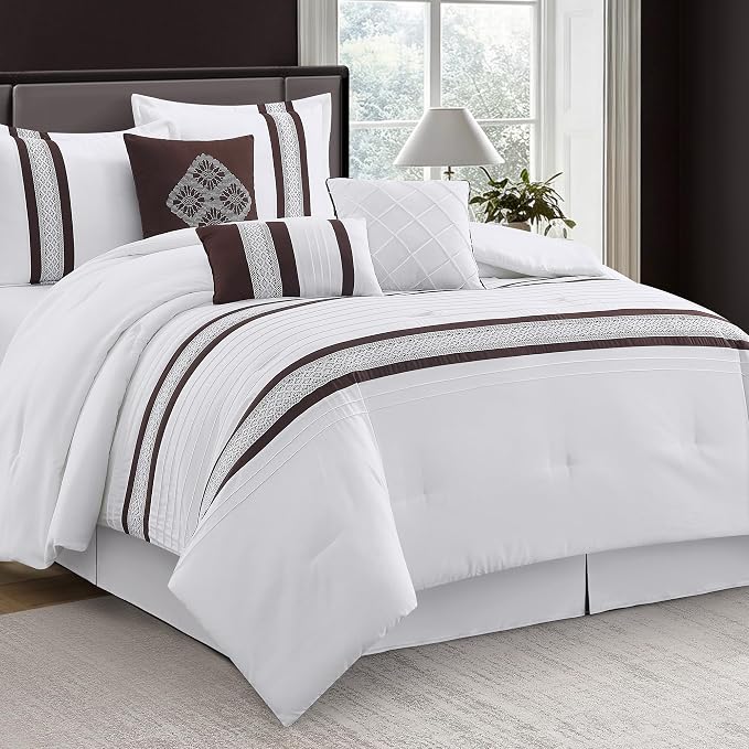 7 Piece Comforter Set, Coffee White, King Size, Boho Style Geometric Microfiber Embroidery, Bed in a Bag with Bedskirt, Pillow Shams and Decor Pillows