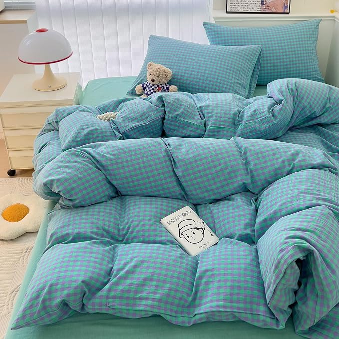 LifeTB Queen Comforter Set Green Gingham Bedding Comforter with 2 Pillowcases Vintage Plaid Checkered Comforter Set Green Purple Plaid Grid Bed Comforter Fluffy Soft Gingham Bedding Set Queen