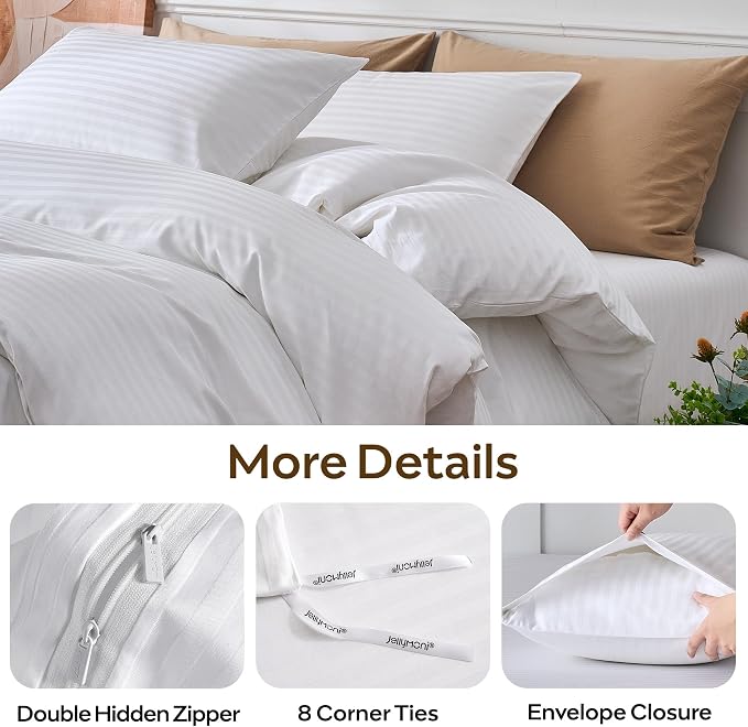 JELLYMONI 100% Cotton Sateen Striped Full Duvet Cover Set, White | Breathable Softness, Oeko-Tex Certified, Classic Stripes, 8 Corner Ties & Double Hidden Zipper