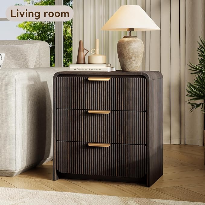 24" 3 Drawers Fluted Nightstand, Black Walnut | 3 Drawers Bedside Table, Metal Handles & Charging Station, Curved Profile End Table for Bedroom