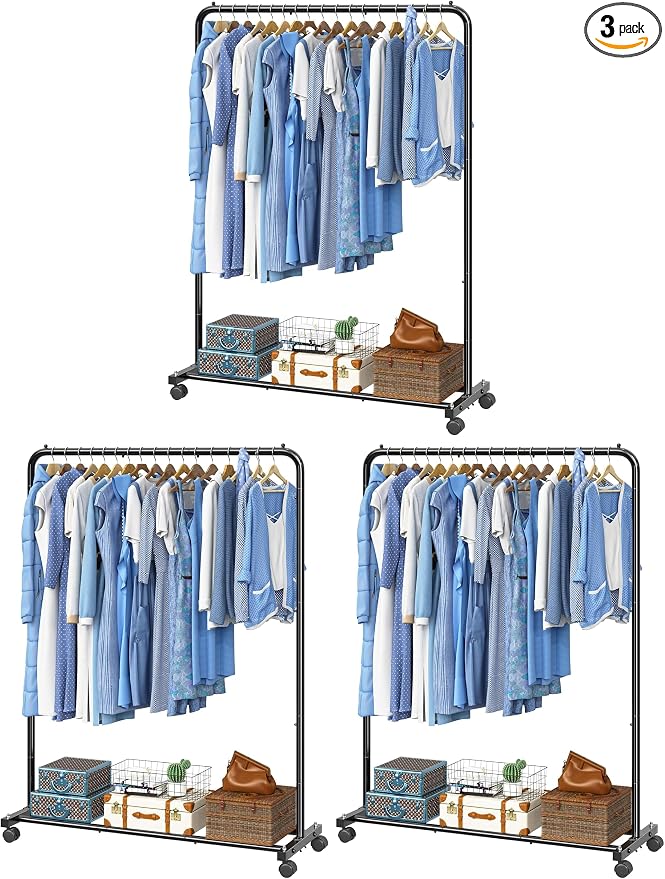 Simple Trending Clothing Rack for Hanging clothes, Portable Garment Rack with Bottom Shelf, Metal Clothes Rack on Wheels for Bedroom, Laundry Room, Black (Pack of 3)