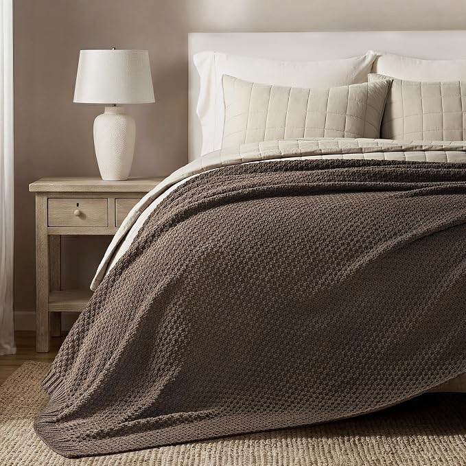 EVERGRACEHOME Chunky Chenille Knit Throw Blanket, 90 x 90, Cocoa Brown | Sculpted Moss Stitch, Chic Modern Farmhouse, All-Season Warmth, OEKO-TEX® Certified, Oversized Queen for Couch, Bed, Sofa
