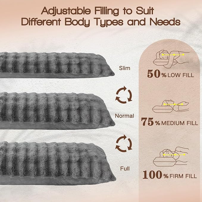 YZ HOME Faux Fur Fluffy Body Pillow for Adults, Soft Support | Firm Body Pillow, Adjustable Support for Side Sleeping, Pregnant Women, Washable cover,Gifts, 20x54 Inch (Grey)