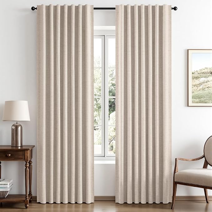 MIULEE 100% Blackout Linen Curtains 42 x 90 Inch Natural 2 Panels | Thermal Insulated, Room Darkening Drapes for Bedroom Living Room, Back Tab Rod Pocket Pinch Pleated, Solid Luxury Decor