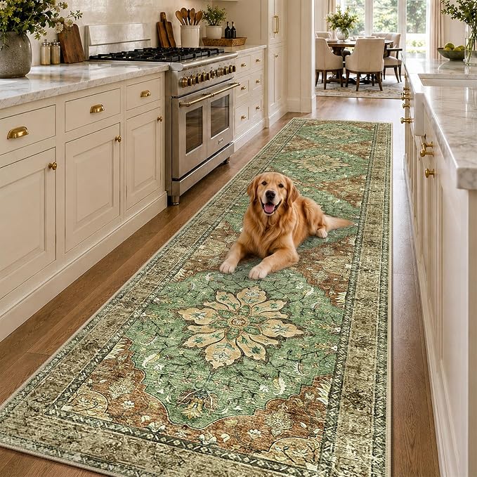 RELEANY Washable Area Rug, Runner 3'x12', Brick/Brown/Green | Non-Slip, Water Repellent, Pet Friendly, Easy to Clean, Vintage Floral Boho Decor for Kitchen Hallway Laundry Living Room