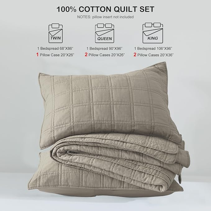 HORIMOTE HOME 100% Cotton Quilt Set Queen Size, Taupe Pre-Washed Bedspreads Coverlet Set in Geometric Pattern, Cozy Lightweight Stitching Decorative Bedding Cover with 2 Shams for All Season