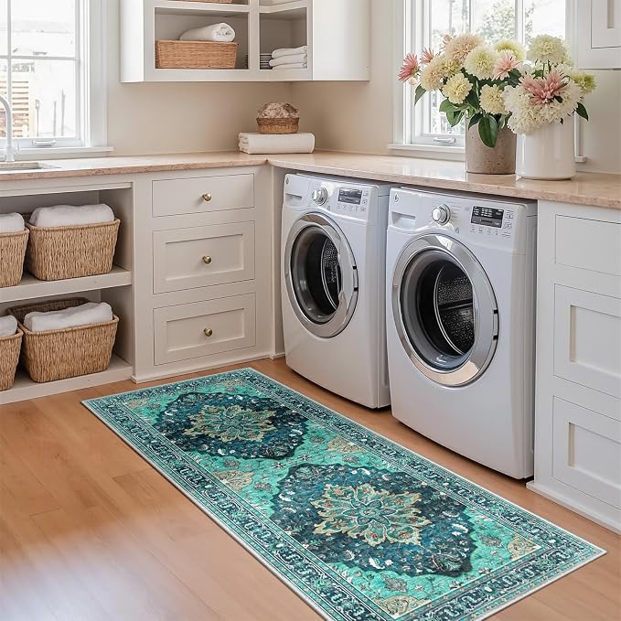 RELEANY Washable Area Rug, Runner 2'x5', Teal | Non-Slip, Water Repellent, Pet Friendly, Easy to Clean, Vintage Floral Boho Decor for Kitchen Entry Bedroom Bedside Laundry