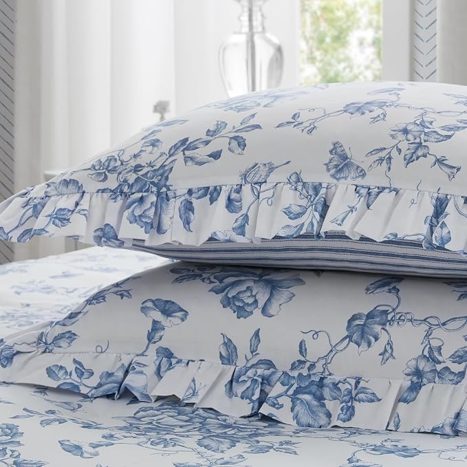 Madison Park Essentials Blue Floral Comforter Set with Sheets Full,7pc | Vintage, Ruffle Bed in a Bag, Reversible, Elegant Bedding Set, All Season, Machine Washable, Wrinkle Resistant, Ultra Soft