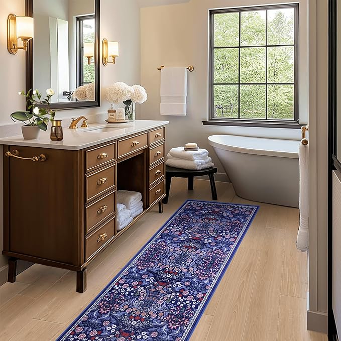 PLHXFR 2.6x8 Washable Runner Rug：Floral Indoor Kitchen Soft Carpet Blue | For Hallway Bedroom Kitchen Laundry Bathroom Dorm,Vintage Floral,Machine washable,Non Slip,Stain Resistant,Indoor Floor
