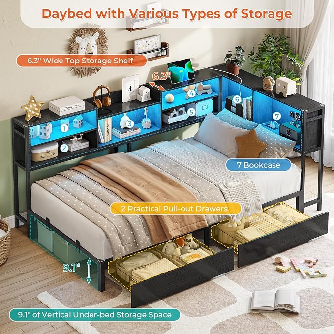 DICTAC Corner Twin Bed Frame with Bookcase Storage and Led Lights Metal Platform Bed Frame with 2 Drawers and Charging Station Twin Size Daybed for Kids/Teen with Storage,Kids Twin Bed,Black