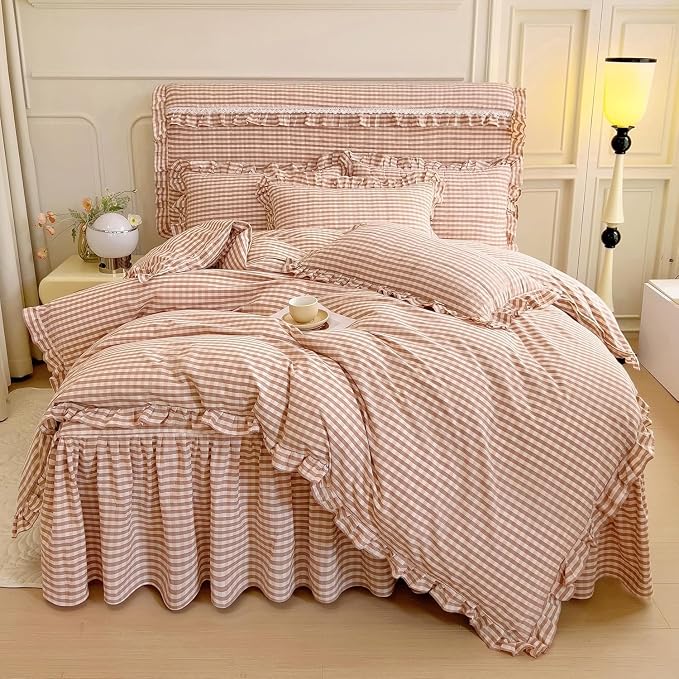 LifeTB Pink Gingham Comforter Set Twin XL Vintage Ruffle Pink Plaid Comforter Set Soft Fluffy 3 Pieces Grid Checkered Pattern Comforter with 2 Pillowcases Farmhouse Gingham Bedding Set Twin XL