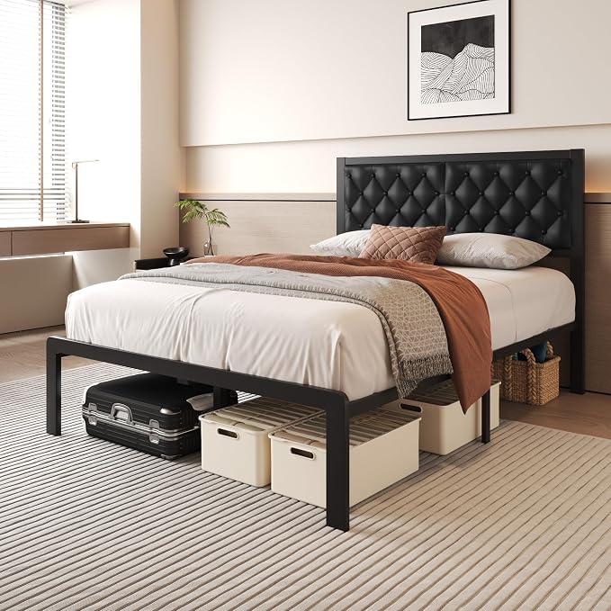 Fluest Full Bed Frame with Headboard PU Leather Upholstered Bed Frame Platform,All Metal Slats Support Platform Bed Frame with Storage Space,Easy Assembly,Noise Free,No Box Spring Needed,Black