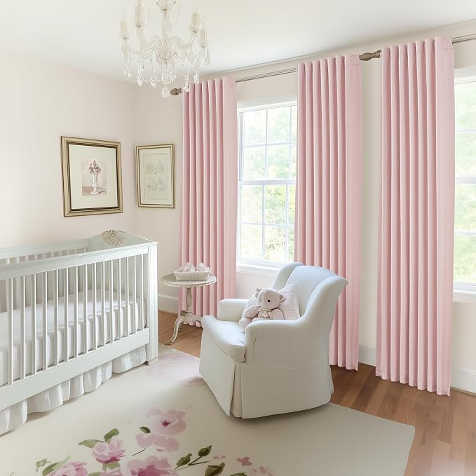 Cute Baby Pink Blackout Curtains 90 Inches Long for Girls Bedroom 2 Panels Set, Textured Linen Pleated Room Darkening Curtain Privacy Thermal Heavy Window Drape for Nursery with Rod Pocket 50"W x 90"L