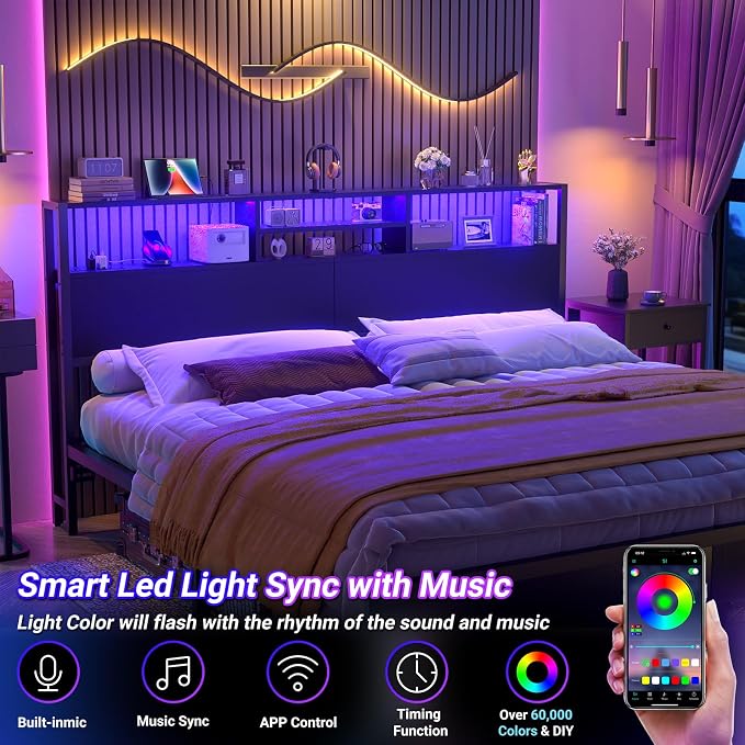 Aheaplus Headboard for King Size Bed with Storage, Headboards with Outlets | King Size Head Board Only, USB Ports and LED Light, Height Adjustable, Reversible, Sturdy and Stable Headboard, Black