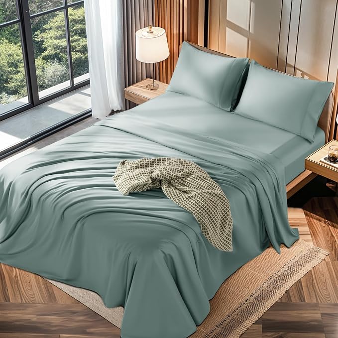 LBRO2M 100% Egyptian Cotton Sheets 1200 TC, Deep Pocket 16", 4Pcs, Full | Long Staple Cotton Bed Sheets, Extra Soft and Breathable Sheets, Cozy for All Seasons, Sage Green