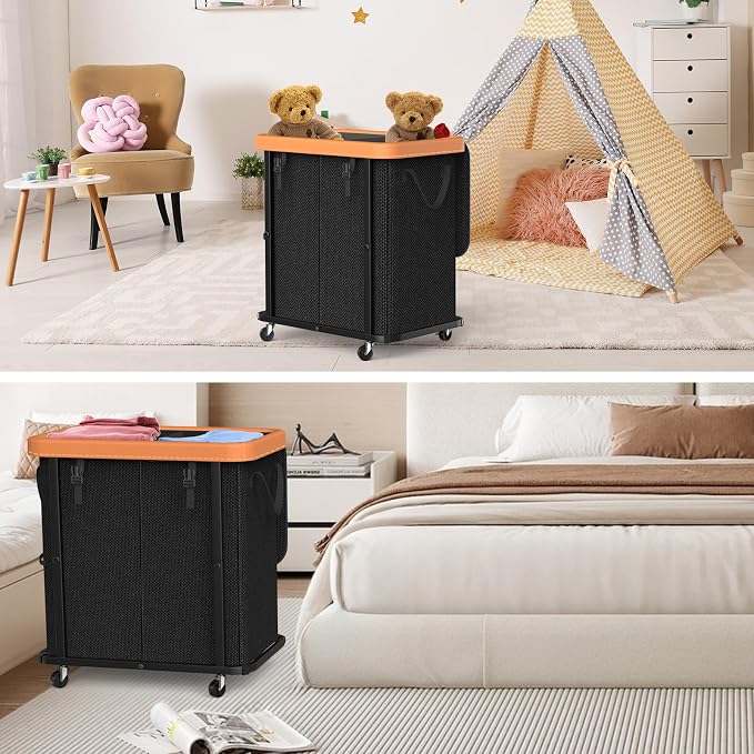 Laundry Basket with Wheels,190L Leather Patchwork Laundry Hamper 2 Setion | Sturdy Metal Frame, Removable Washable Bag, Tall Clothes Sorter for Bedroom - Black